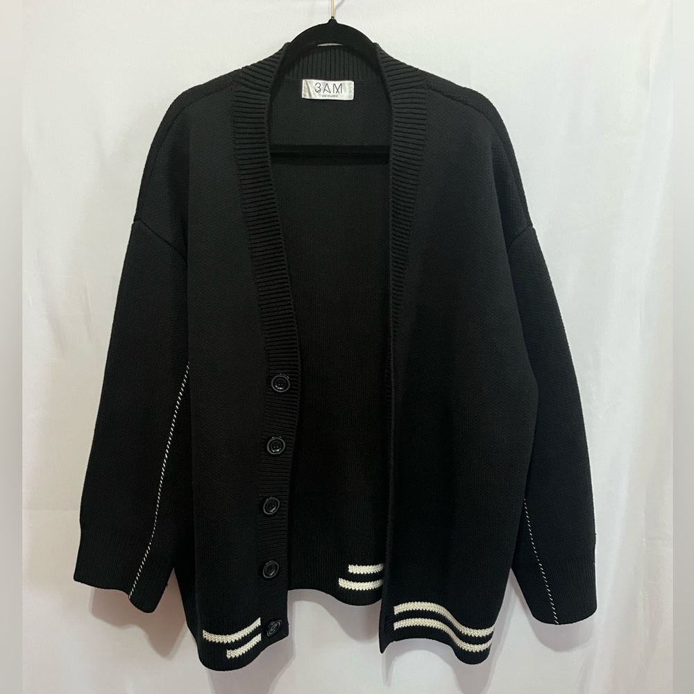 3 AM One of a Kind Unisex XXL Black Preppy Textured Chunky Knit Cardigan Sweater